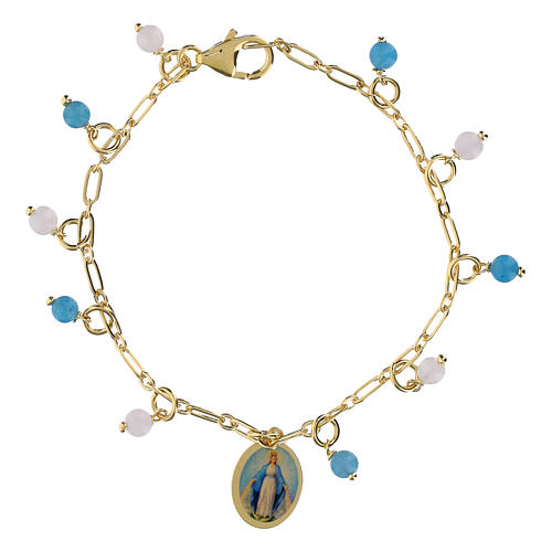 Bracelet en laiton Amen doré avec angélite bleu ciel et jade blanche Notre-Dame de Medjugorje 1