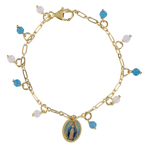 Bracciale in ottone Amen dorato con angelite celeste e giada bianca Madonna di Medjugorje 1