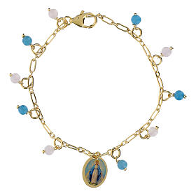 Brass Bracelet Amen Gold-plated with Celestial Angelite and White Jade Madonna of Medjugorje