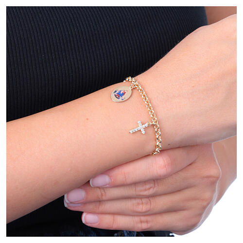 Gold plated brass bracelet with charms by Amen, white rhinestones, Virgin of the Rosary of Pompeii 2