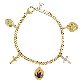 Pulsera con colgantes de latón dorado Amen con zircones blancos Virgen de Pompeya