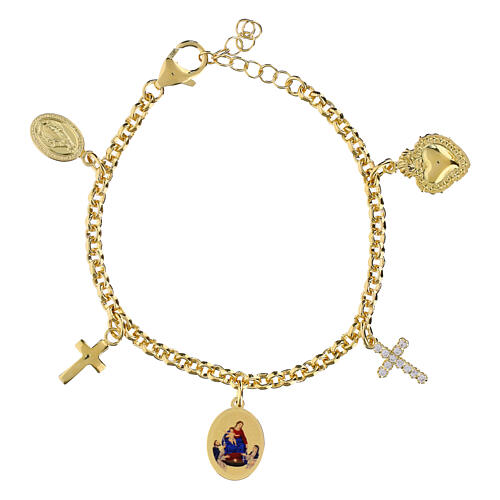 Pulsera con colgantes de latón dorado Amen con zircones blancos Virgen de Pompeya 1