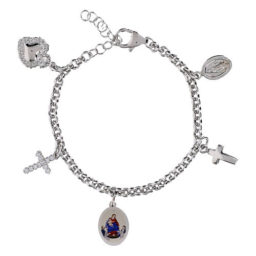 Pulsera con colgantes y zircones blancos de latón rodiado Amen Virgen de Pompeya 1