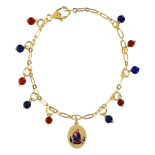 Pulsera Virgen de Pompeya Amen de latón dorado con cuentas de jaspe rojo y lapislázuli 1