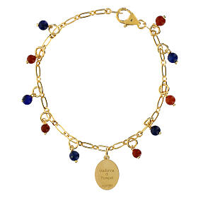 Bracciale Madonna di Pompei Amen in ottone dorato con grani in diaspro rosso e lapis