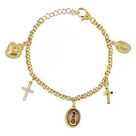 Bracciale Amen in ottone dorato con zirconi bianchi medaglia Madonna di Loreto e charms