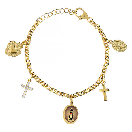 Bracciale Amen in ottone dorato con zirconi bianchi medaglia Madonna di Loreto e charms 1