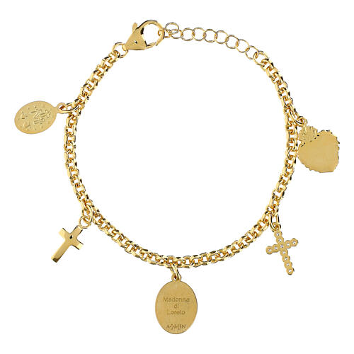Amen golden brass bracelet with white zirconia, Lady of Loreto medal and charms 3