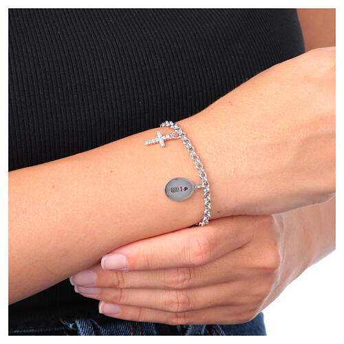 Armband, AMEN, rhodiniertes Messing, mit Darstellung der Gottesmutter von Loreto, Kreuz- und Heiligstes Herz-Anhängern sowie weißen Zirkonia 2