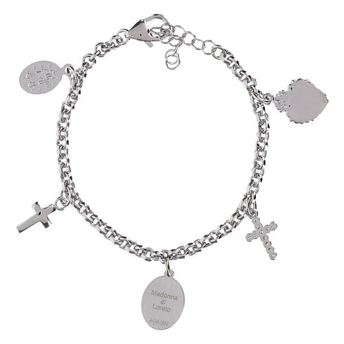 Armband, AMEN, rhodiniertes Messing, mit Darstellung der Gottesmutter von Loreto, Kreuz- und Heiligstes Herz-Anhängern sowie weißen Zirkonia 3