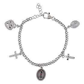 Amen bracelet with white rhinestones, Our Lady of Loreto medal, and rhodium-plated brass charms