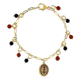 Pulsera de latón dorado con jaspe rojo y ónix negro medalla Virgen de Loreto Amen