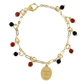 Bracciale in ottone dorato con diaspro rosso e onice nera medaglia Madonna di Loreto Amen
