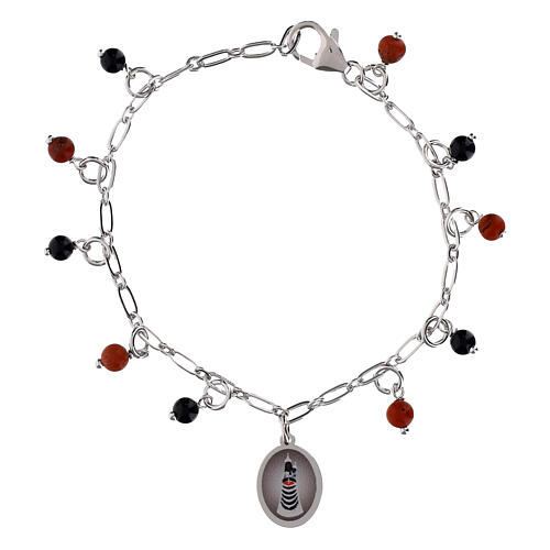 Pulsera medalla Virgen de Loreto Amen de latón rodiado con jaspe rojo y ónix negro 1