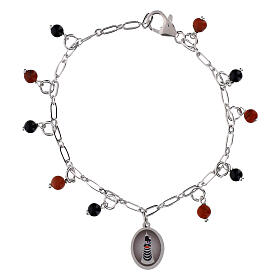Bracelet médaille Notre-Dame de Lorette Amen en laiton rhodié avec jaspe rouge et onyx noir