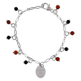 Bracelet médaille Notre-Dame de Lorette Amen en laiton rhodié avec jaspe rouge et onyx noir
