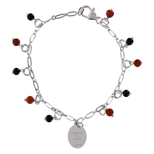 Bracciale medaglia Madonna di Loreto Amen in ottone rodiato con diaspro rosso e onice nera 2