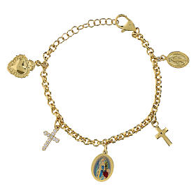 Pulsera con colgantes de latón dorado y zircones blancos Amen Virgen de Lourdes
