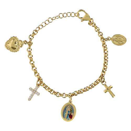 Pulsera con colgantes de latón dorado y zircones blancos Amen Virgen de Lourdes 1