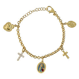 Pulseira com pingentes em latão dourado e zircões brancos Amen Nossa Senhora de Lourdes