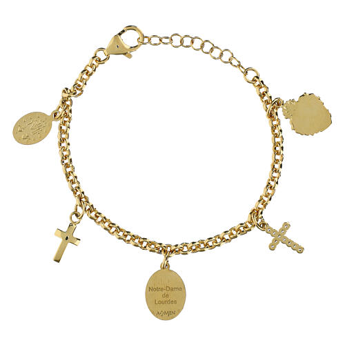 Pulseira com pingentes em latão dourado e zircões brancos Amen Nossa Senhora de Lourdes 3