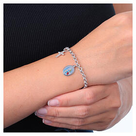 Armband, AMEN, rhodiniertes Messing, mit Darstellung der Gottesmutter von Lourdes, Kreuz- und Heiligstes Herz-Anhängern sowie weißen Zirkonia