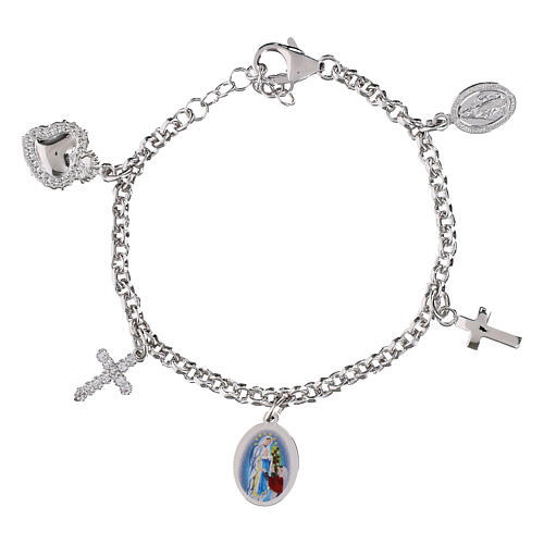 Armband, AMEN, rhodiniertes Messing, mit Darstellung der Gottesmutter von Lourdes, Kreuz- und Heiligstes Herz-Anhängern sowie weißen Zirkonia 1