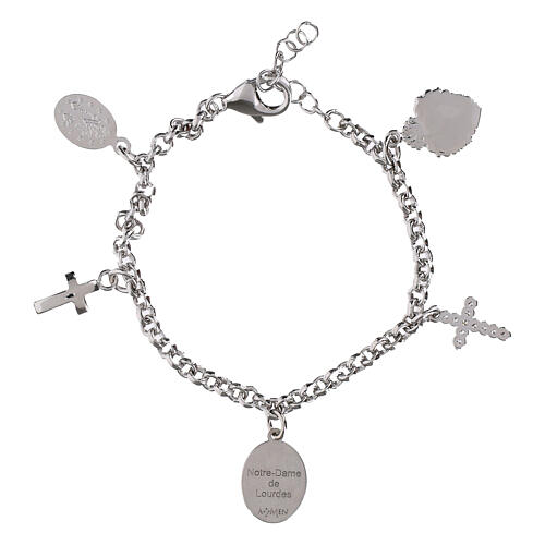 Charm Bracelet of Lady of Lourdes in rhodium-plated brass and white zircons, Amen 3