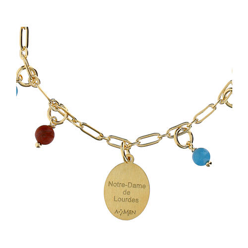 Golden brass Amen bracelet with light blue angelite and red jasper beads, Our Lady of Lourdes medal 5