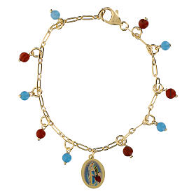 Pulsera Amen latón dorado granos angelita celeste jaspe rojo medalla Virgen Lourdes