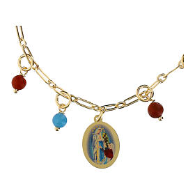 Pulsera Amen latón dorado granos angelita celeste jaspe rojo medalla Virgen Lourdes