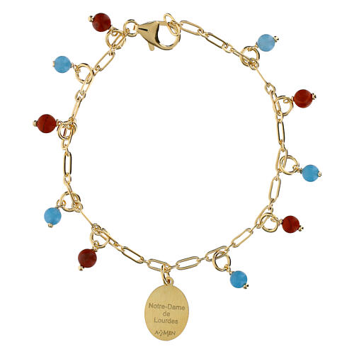 Pulsera Amen latón dorado granos angelita celeste jaspe rojo medalla Virgen Lourdes 3