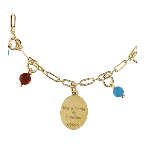 Pulsera Amen latón dorado granos angelita celeste jaspe rojo medalla Virgen Lourdes 4