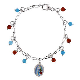 Bracelet Amen médaille Notre-Dame de Lourdes en laiton rhodié avec perles angélite bleu ciel et jaspe rouge