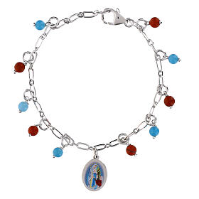 Bracciale medaglia Madonna Lourdes Amen ottone rodiato grani angelite celeste diaspro rosso