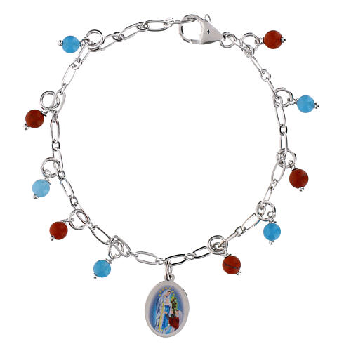 Bracciale medaglia Madonna Lourdes Amen ottone rodiato grani angelite celeste diaspro rosso 1