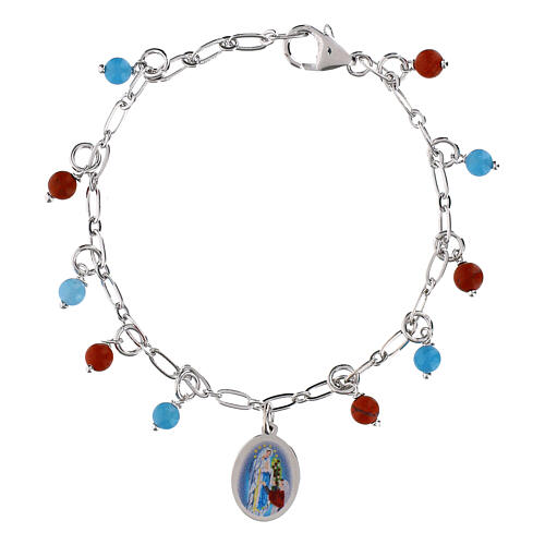 Bracciale medaglia Madonna Lourdes Amen ottone rodiato grani angelite celeste diaspro rosso 1