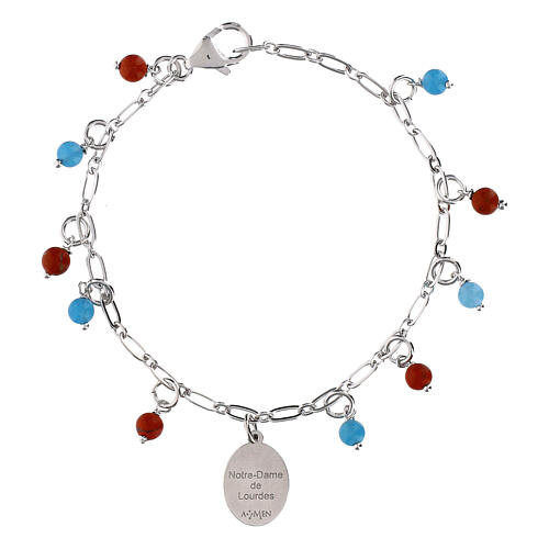 Bracciale medaglia Madonna Lourdes Amen ottone rodiato grani angelite celeste diaspro rosso 3