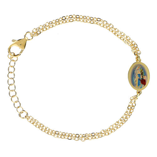Pulsera de latón dorado medalla Amen doble cadena Virgen de Lourdes 1