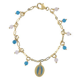 Pulsera de latón dorado con granos angelita celeste y jaspe rojo Virgen de Fátima Amen