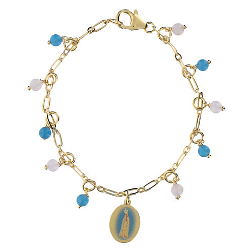 Pulsera de latón dorado con granos angelita celeste y jaspe rojo Virgen de Fátima Amen 1