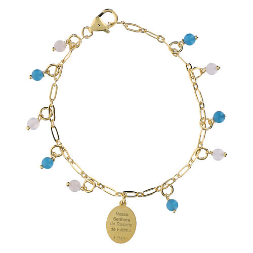 Pulsera de latón dorado con granos angelita celeste y jaspe rojo Virgen de Fátima Amen 2