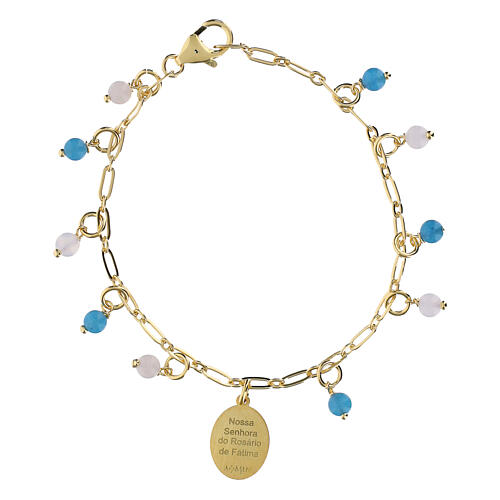 Pulsera de latón dorado con granos angelita celeste y jaspe rojo Virgen de Fátima Amen 3