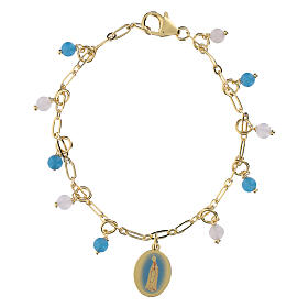 Bracelet en laiton doré avec perles d'angélite bleu ciel et de jaspe blanc Notre-Dame de Fatima Amen