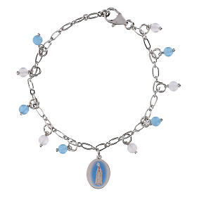 Pulsera granos angelita celeste y jaspe rojo de latón rodiado Virgen de Fátima Amen