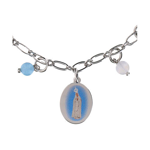 Pulsera granos angelita celeste y jaspe rojo de latón rodiado Virgen de Fátima Amen 3