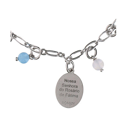 Pulsera granos angelita celeste y jaspe rojo de latón rodiado Virgen de Fátima Amen 5