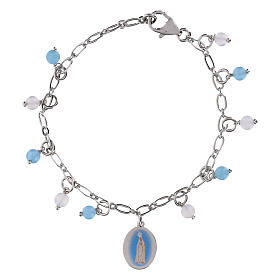 Bracelet perles angélite bleu ciel et jaspe blanc en laiton rhodié Notre-Dame de Fatima Amen
