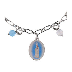 Bracelet perles angélite bleu ciel et jaspe blanc en laiton rhodié Notre-Dame de Fatima Amen