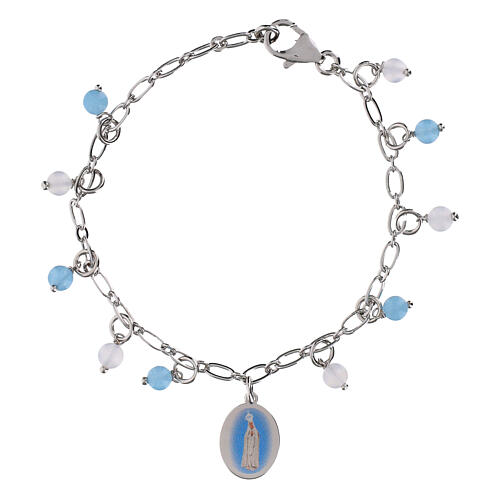 Bracelet perles angélite bleu ciel et jaspe blanc en laiton rhodié Notre-Dame de Fatima Amen 1